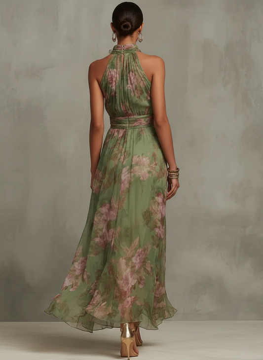 ALMA - Vestido Largo Verde Con Estampado Floral de Gasa y Cuello Halter