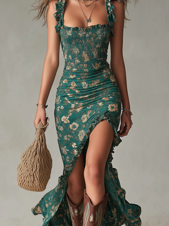 ISABELLA - Vestido Largo de Estilo Boho Retro con Mangas Fruncidas y Abertura Alta
