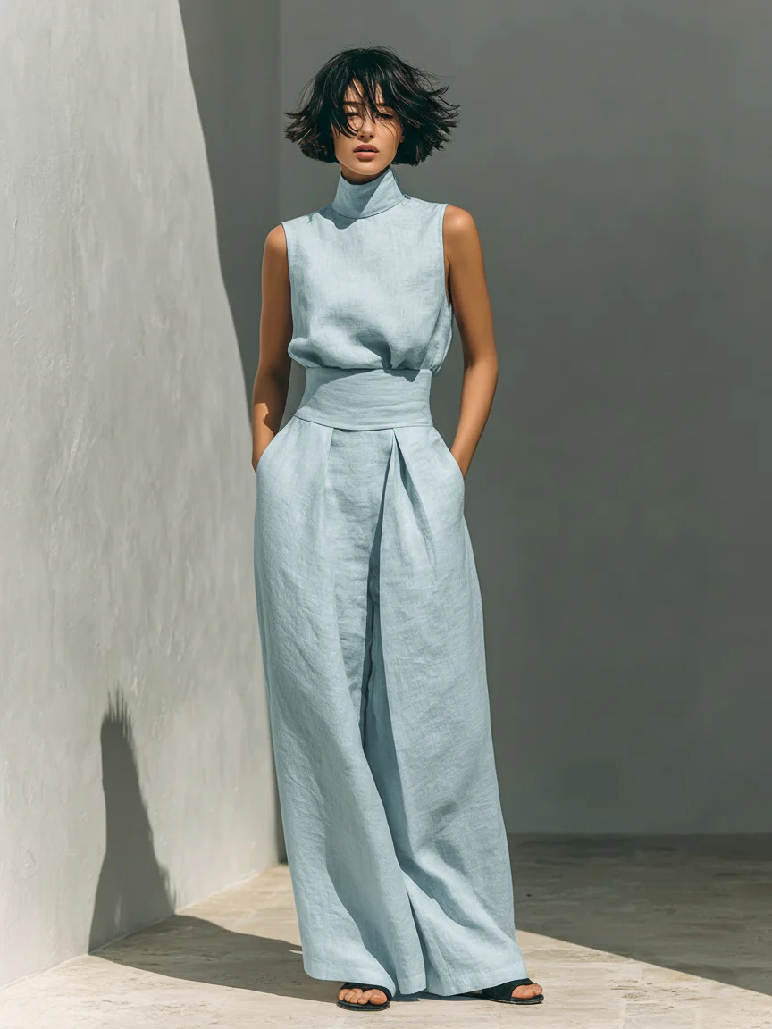 CHLOE | Conjunto de Camiseta sin Mangas y Pantalones Anchos de Algodón y Lino, de Estilo Minimalista, Para Mujer