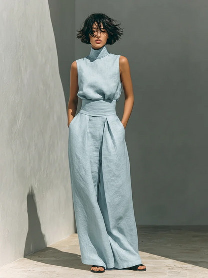 CHLOE | Conjunto de Camiseta sin Mangas y Pantalones Anchos de Algodón y Lino, de Estilo Minimalista, Para Mujer