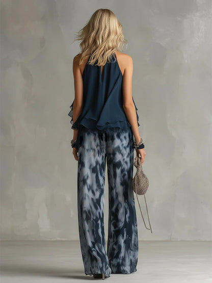 BETI | Un Elegante Conjunto De Gasa Con Top De Cuello Alto y Pantalones Anchos Estampados