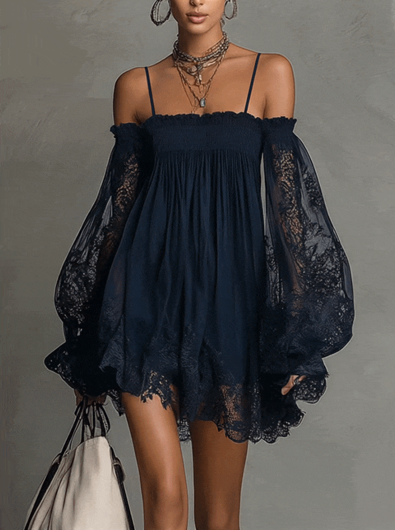 SOFIA | Vestido Mini De Gasa Azul Marino Con Escote Que Deja Los Hombros Al Descubierto, Ribete De Encaje Y Mangas Transparentes