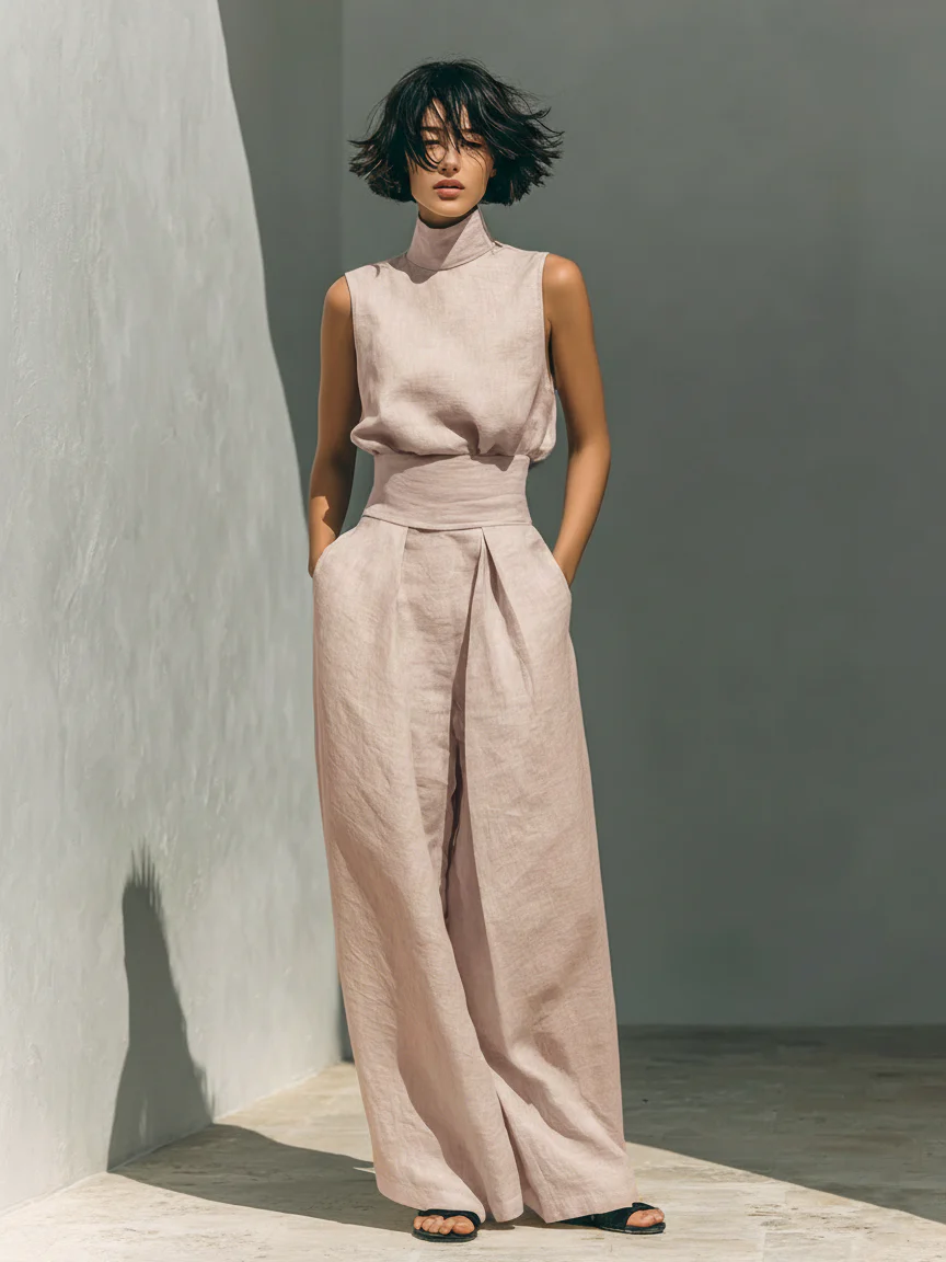 CHLOE | Conjunto de Camiseta sin Mangas y Pantalones Anchos de Algodón y Lino, de Estilo Minimalista, Para Mujer