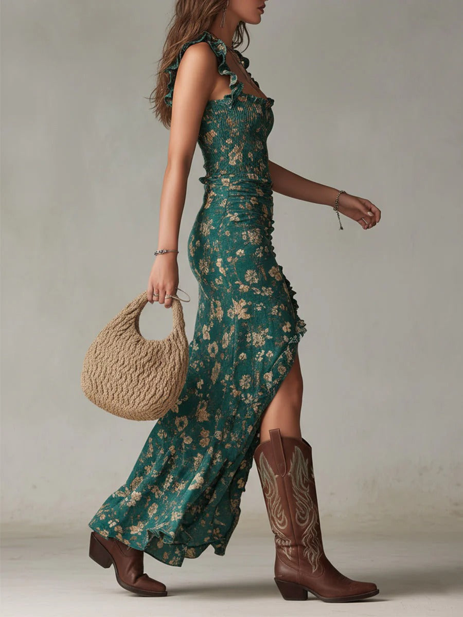 ISABELLA - Vestido Largo de Estilo Boho Retro con Mangas Fruncidas y Abertura Alta