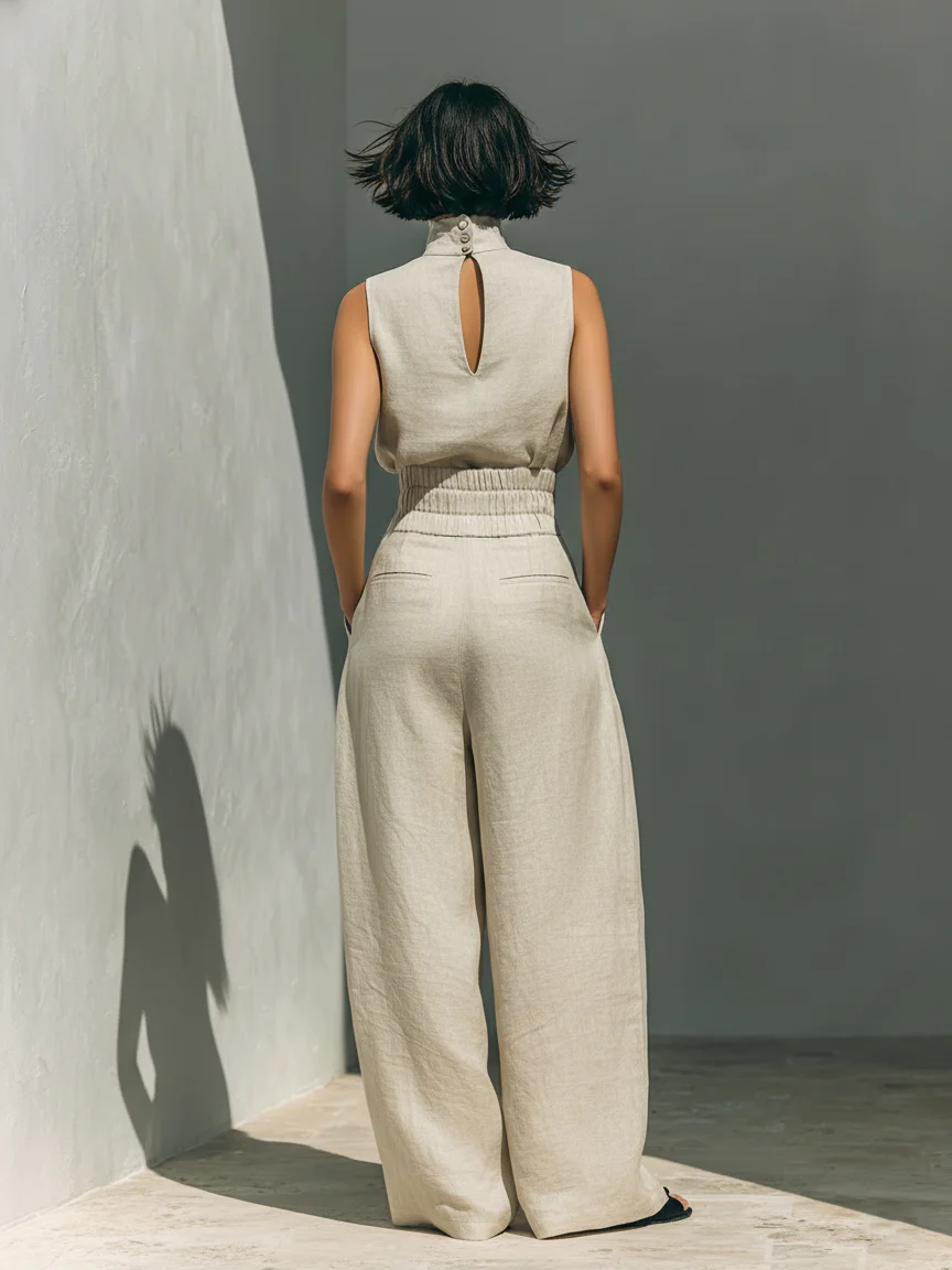 CHLOE | Conjunto de Camiseta sin Mangas y Pantalones Anchos de Algodón y Lino, de Estilo Minimalista, Para Mujer