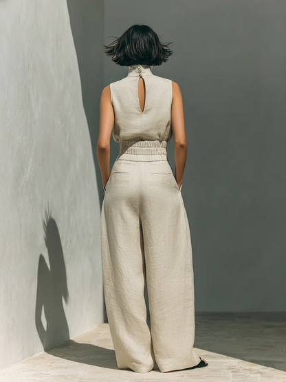 CHLOE | Conjunto de Camiseta sin Mangas y Pantalones Anchos de Algodón y Lino, de Estilo Minimalista, Para Mujer