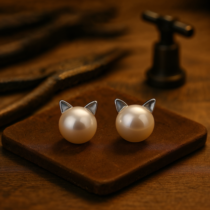 Boucles d'oreilles avec perle et motif de chat en argent sterling