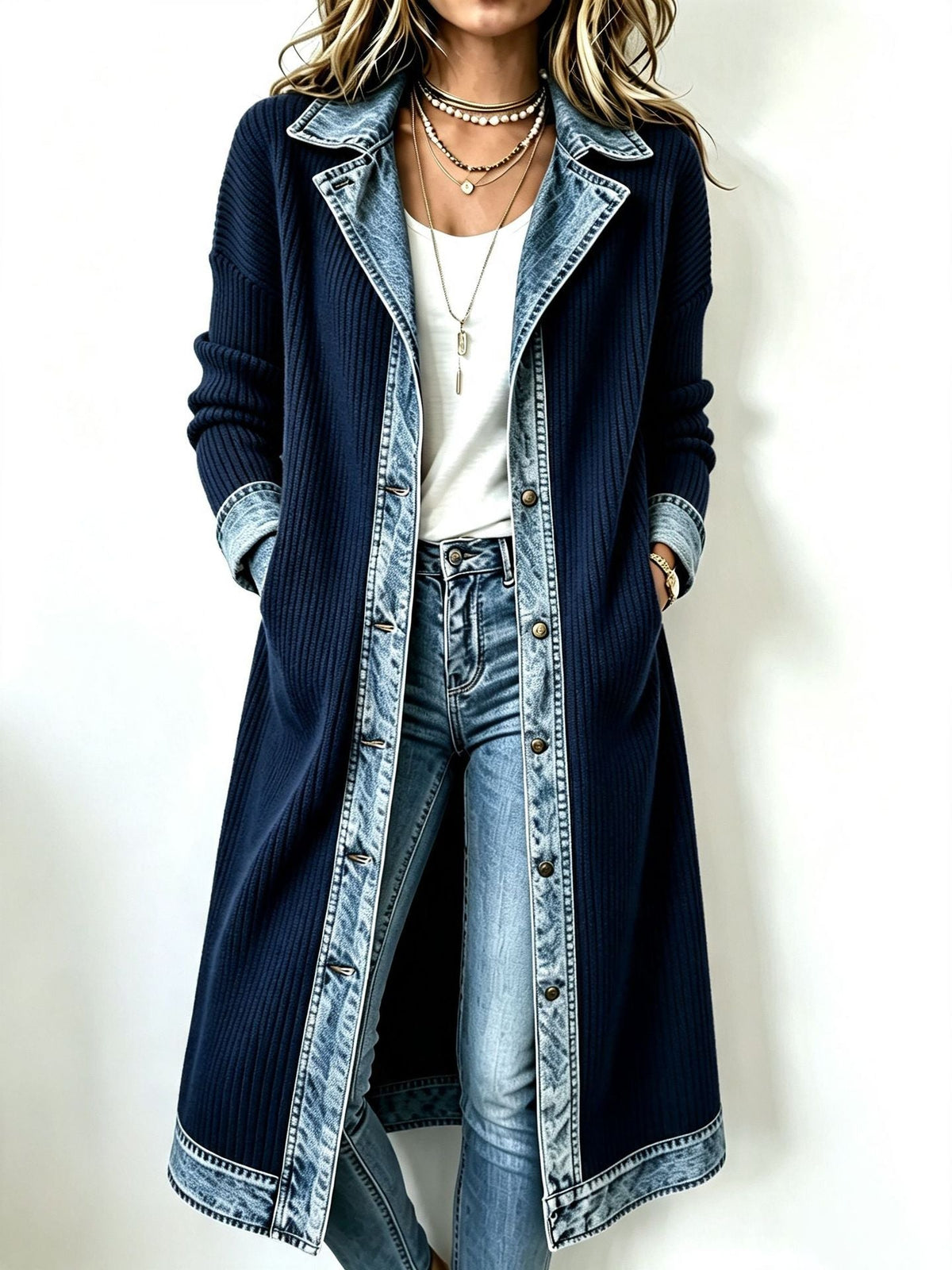 Clémence | Cardigan Long en Maille avec Détails en Denim