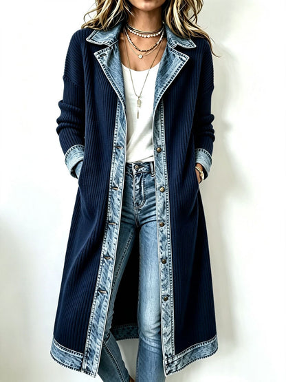 Clémence | Cardigan Long en Maille avec Détails en Denim