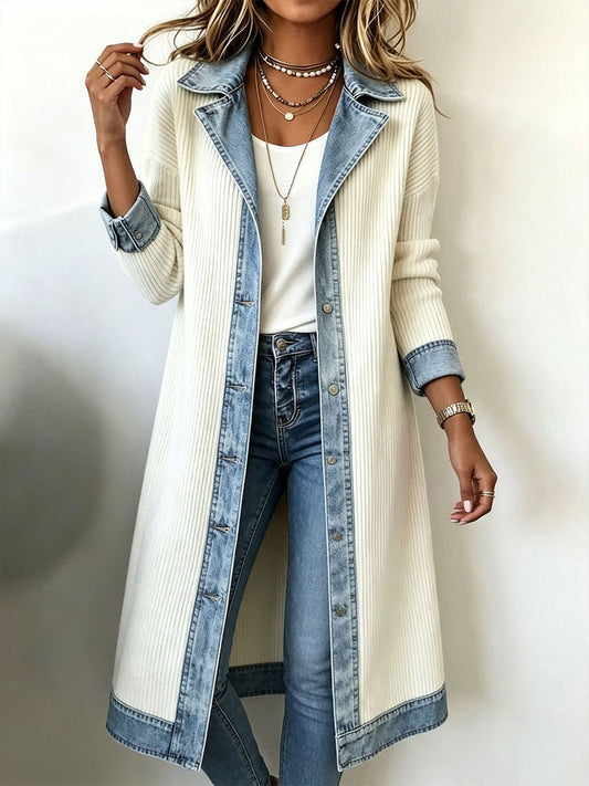 Clémence | Cardigan Long en Maille avec Détails en Denim