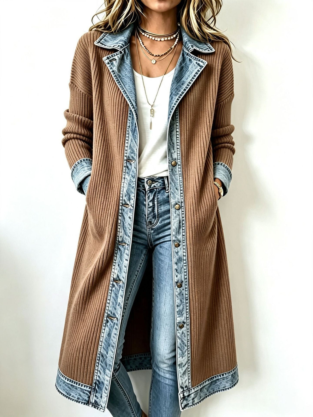 Clémence | Cardigan Long en Maille avec Détails en Denim