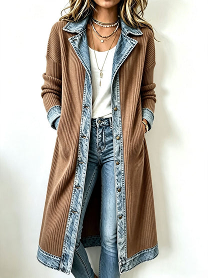 Clémence | Cardigan Long en Maille avec Détails en Denim