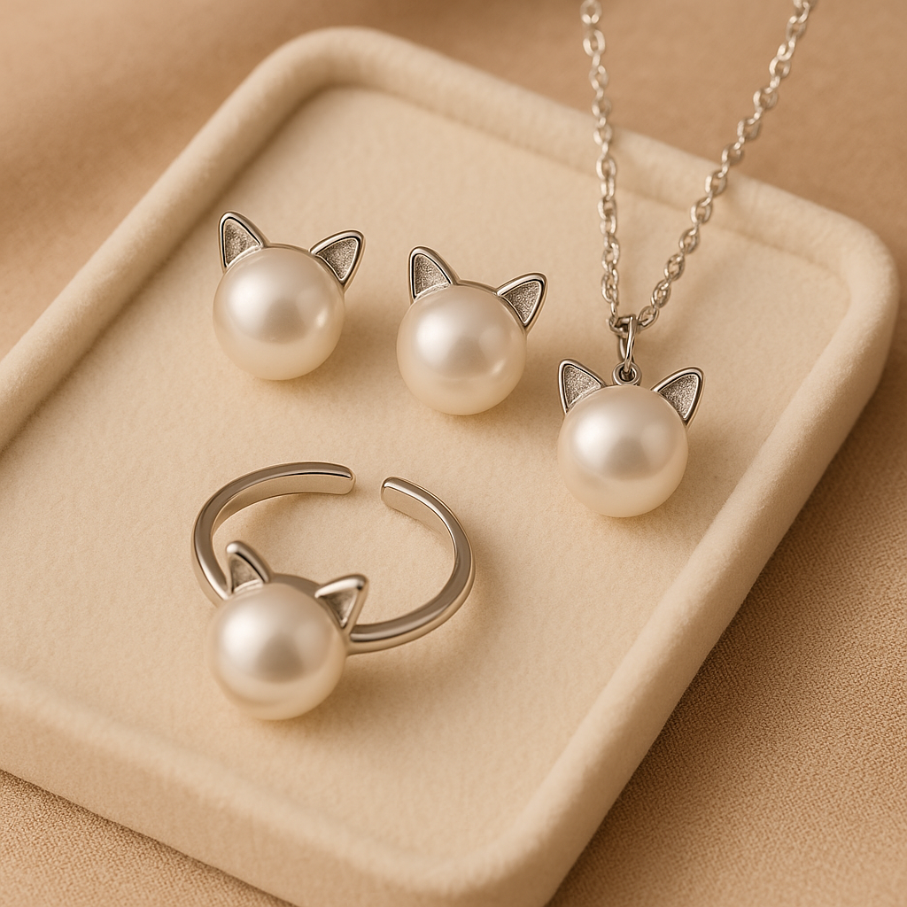 Magnifique collier de chats et de perles avec boucles d'oreilles et bague gratuites