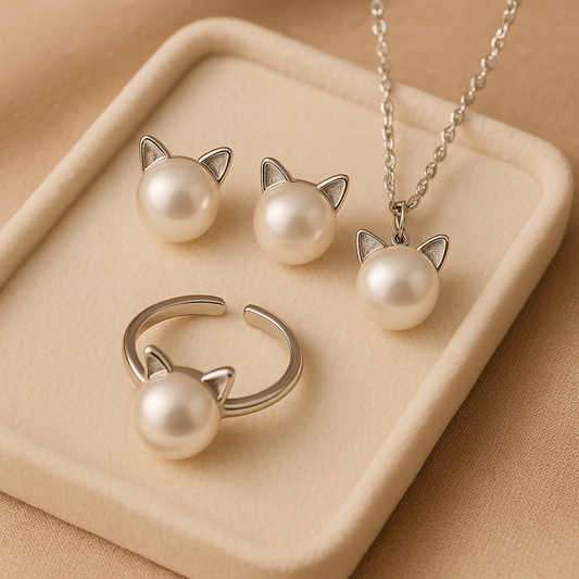 Magnifique collier de chats et de perles avec boucles d'oreilles et bague gratuites