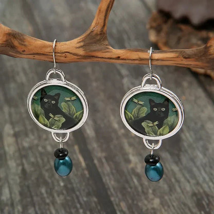 Boucles d'oreilles vintage noires à motifs tropicaux